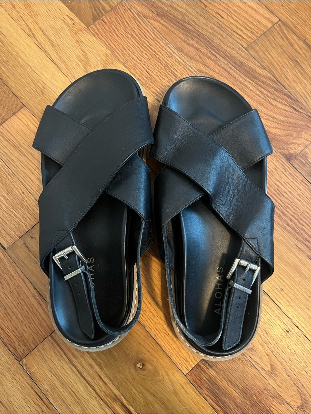 Alohas Black Cross-Strap Leather Sandals